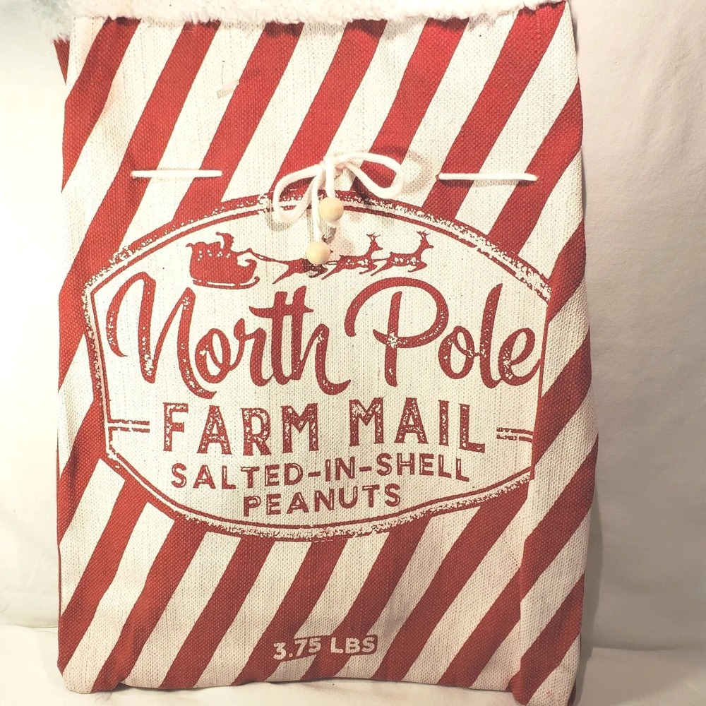 North Pole Farm Mail Peanut Santa Burlap Sack Christmas Decor Gift Bag 18" x 14"